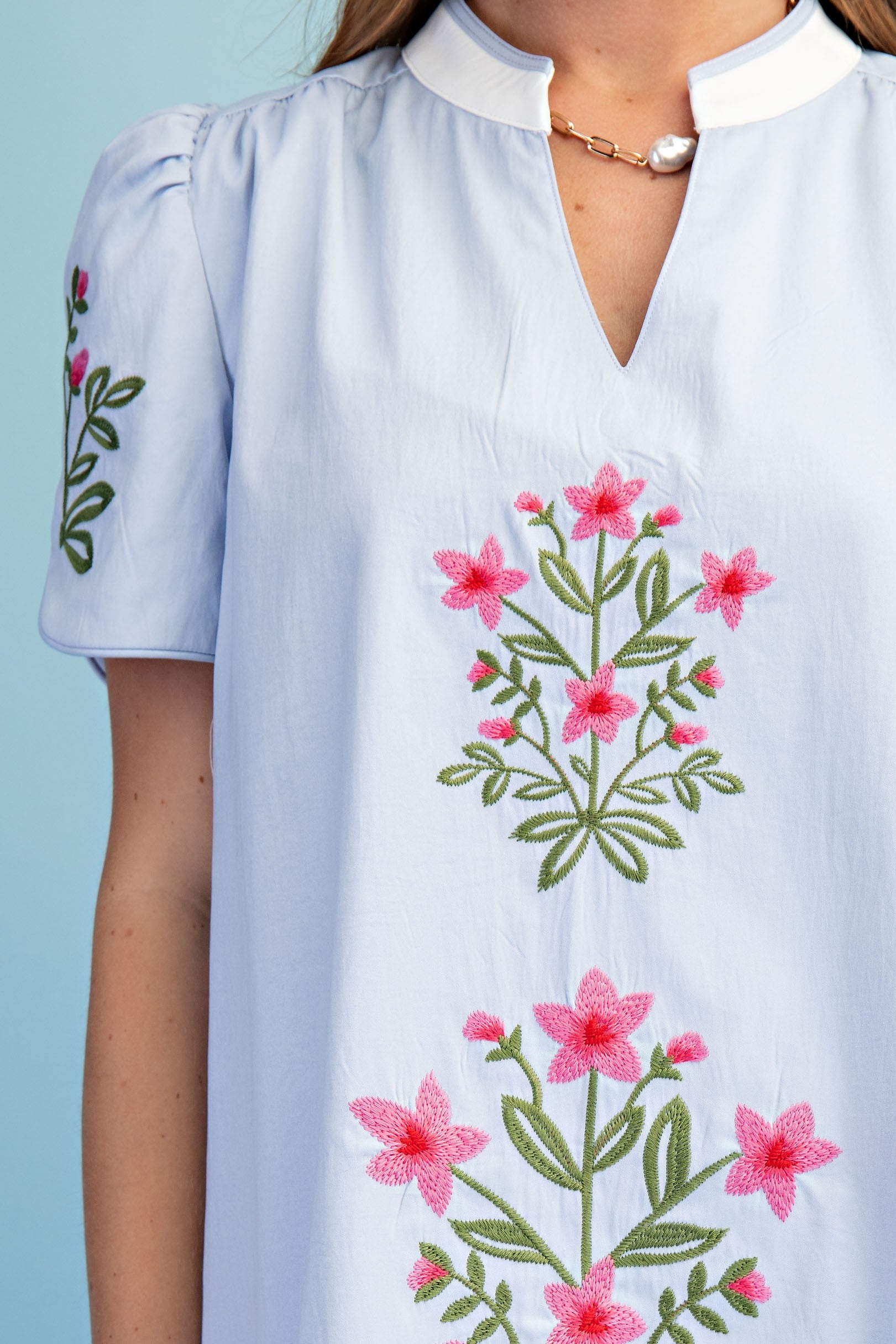GiGio Floral Embroidered Dress in Sky Blue – June Adel