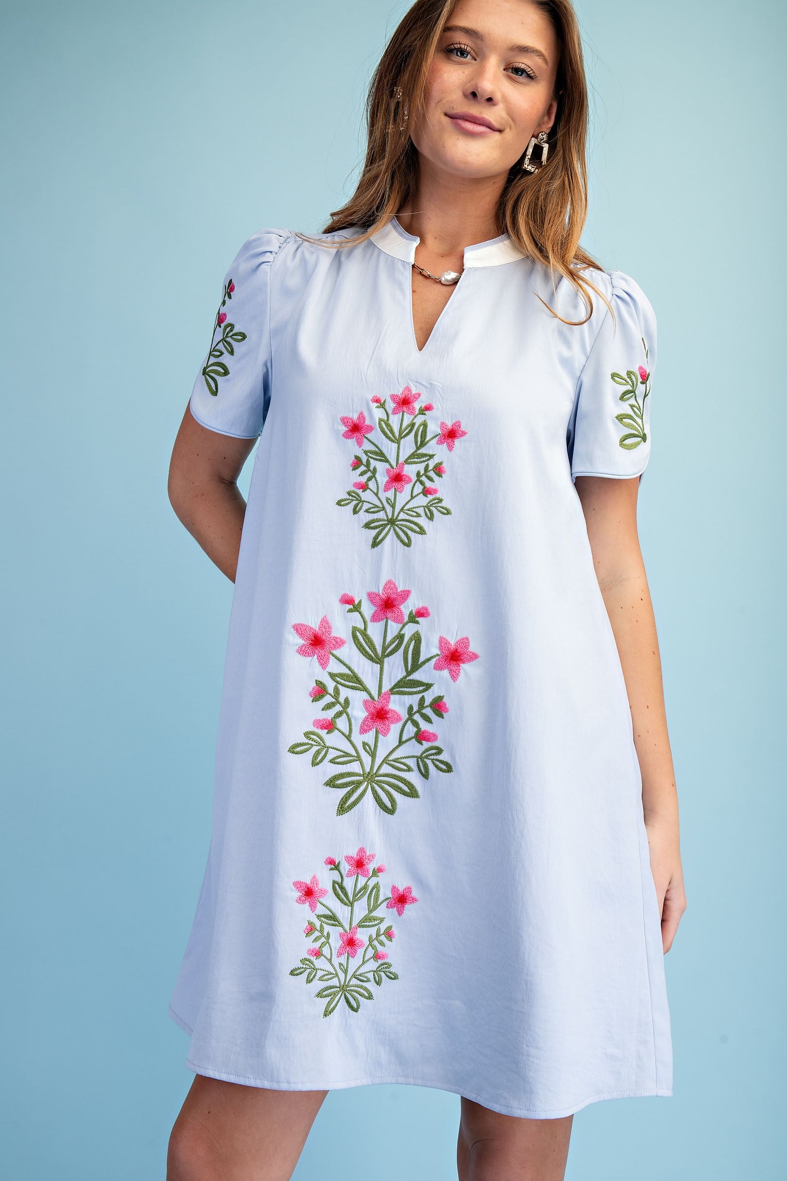 GiGio Floral Embroidered Dress in Sky Blue – June Adel