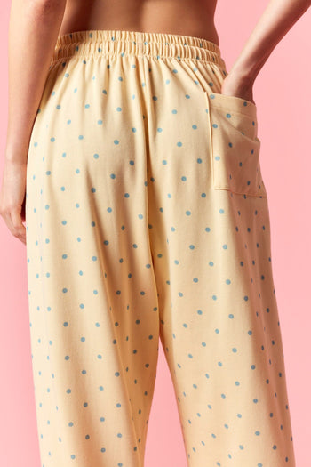Peach Love Mini Dot Printed French Terry Piping Track Pants in Butter Yellow/Light Blue