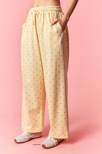 Peach Love Mini Dot Printed French Terry Piping Track Pants in Butter Yellow/Light Blue