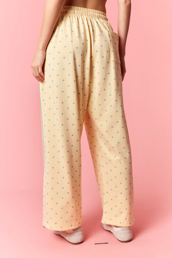 Peach Love Mini Dot Printed French Terry Piping Track Pants in Butter Yellow/Light Blue