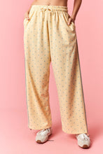 Load image into Gallery viewer, Peach Love Mini Dot Printed French Terry Piping Track Pants in Butter Yellow/Light Blue
