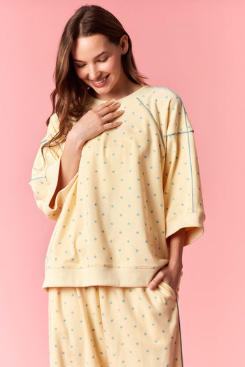 Peach Love Piping & Mini Dot Printed French Terry Top in Butter Yellow/Light Blue