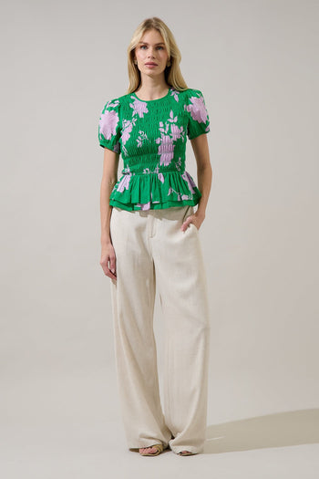 Sugarlips Zama Floral Katti Smocked Top in Kelly-Pink Multi