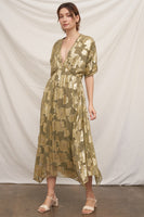 EN CREME V-neck Kimono Sleeve Maxi Dress With Lurex Detail in Olive Gold