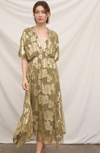 EN CREME V-neck Kimono Sleeve Maxi Dress With Lurex Detail in Olive Gold
