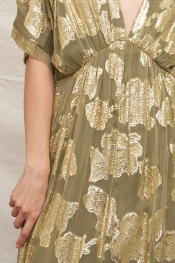 EN CREME V-neck Kimono Sleeve Maxi Dress With Lurex Detail in Olive Gold
