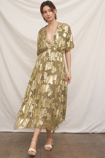 EN CREME V-neck Kimono Sleeve Maxi Dress With Lurex Detail in Olive Gold