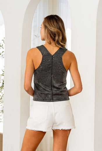 Sew in Love Sparkly Relaxed Fit Cowl Neck Sleeveless Top in Black Silver