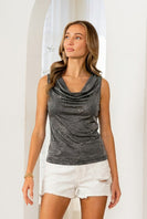 Sew in Love Sparkly Relaxed Fit Cowl Neck Sleeveless Top in Black Silver
