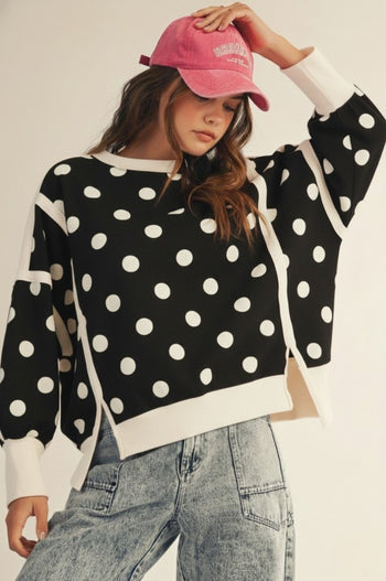 LovLov Polka Dot Loose Fit Top With Slits in Black