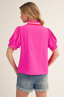 Jodifl Solid Color Crinkle Fabric Top with Multi Color Striped Ruffle Collar in Hot Pink