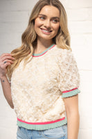 VOY Stripe Ribbed Knit Band Floral Textured Lace Top in Cream