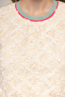 VOY Stripe Ribbed Knit Band Floral Textured Lace Top in Cream