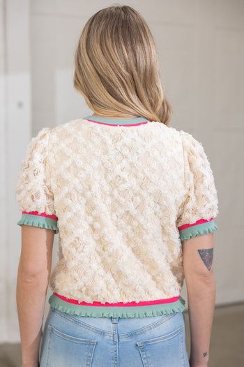 VOY Stripe Ribbed Knit Band Floral Textured Lace Top in Cream