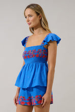 Load image into Gallery viewer, Sugarlips Isela Smocked Peplum Top in Blue-Red Multi
