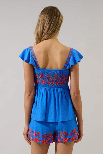 Sugarlips Isela Smocked Peplum Top in Blue-Red Multi
