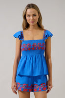 Sugarlips Isela Smocked Peplum Top in Blue-Red Multi