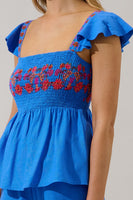 Sugarlips Isela Smocked Peplum Top in Blue-Red Multi