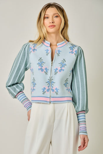 Mystree Floral Sweater Bomber Jacket in Soft Blue Mix
