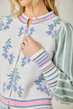 Load image into Gallery viewer, Mystree Floral Sweater Bomber Jacket in Soft Blue Mix

