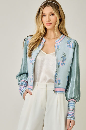 Mystree Floral Sweater Bomber Jacket in Soft Blue Mix