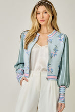 Load image into Gallery viewer, Mystree Floral Sweater Bomber Jacket in Soft Blue Mix
