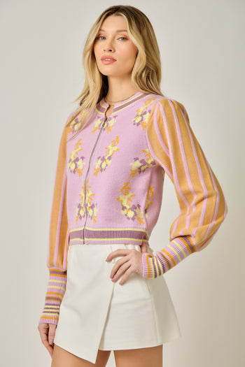 Mystree Floral Sweater Bomber Jacket in Rose/Orange