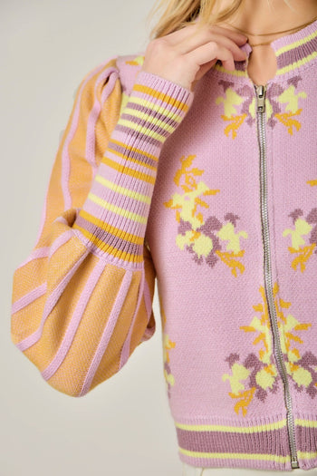 Mystree Floral Sweater Bomber Jacket in Rose/Orange