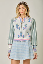 Load image into Gallery viewer, Mystree Floral Sweater Bomber Jacket in Ivory
