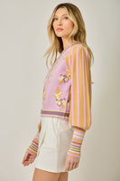 Mystree Floral Sweater Bomber Jacket in Rose/Orange