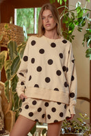 Jade by Jane Polka Dot Crew Neck Sweatshirt Shorts Set in Beige