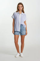 Doe & Rae Mix Media Button Down Boxy Shirt in Pastel Blue