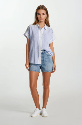 Doe & Rae Mix Media Button Down Boxy Shirt in Pastel Blue