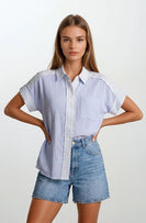 Doe & Rae Mix Media Button Down Boxy Shirt in Pastel Blue