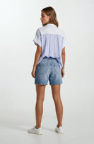 Doe & Rae Mix Media Button Down Boxy Shirt in Pastel Blue