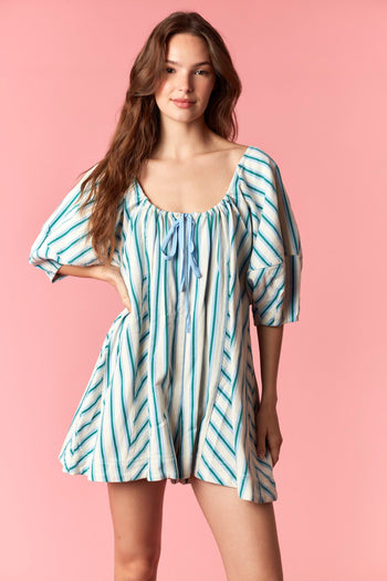 Peach Love Multi Stripe Twill Denim Bubble Romper in Light Blue Combo