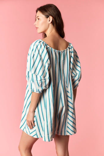 Peach Love Multi Stripe Twill Denim Bubble Romper in Light Blue Combo