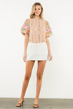 Load image into Gallery viewer, THML Geometric Print Top with Floral Embroidery Sleeves in Brown
