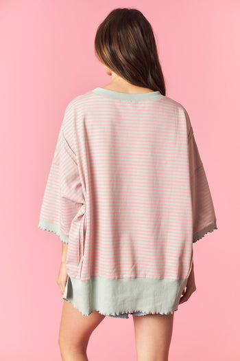 Peach Love OVERSIZED Candy Striped Lettuce Marrow Edge Top in Sage/Pink