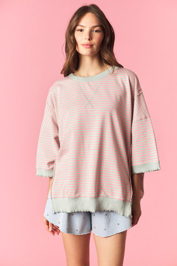 Peach Love OVERSIZED Candy Striped Lettuce Marrow Edge Top in Sage/Pink