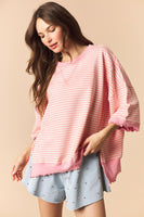 Peach Love OVERSIZED Candy Striped Lettuce Marrow Edge Top in Cream/Pink
