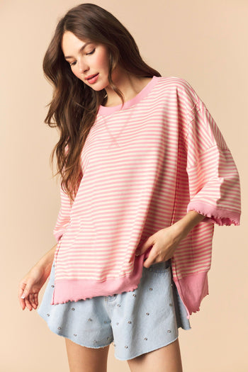 Peach Love OVERSIZED Candy Striped Lettuce Marrow Edge Top in Cream/Pink