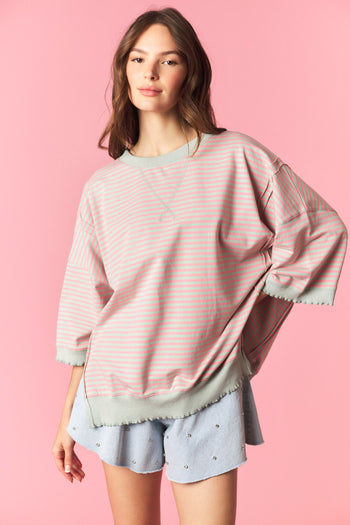 Peach Love OVERSIZED Candy Striped Lettuce Marrow Edge Top in Sage/Pink
