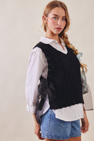 Listicle Pointelle Knit Ribbon-Tie Vest Top in Black