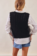 Listicle Pointelle Knit Ribbon-Tie Vest Top in Black