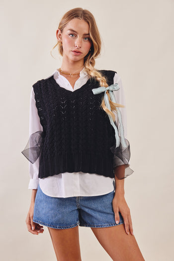 Listicle Pointelle Knit Ribbon-Tie Vest Top in Black