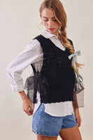 Listicle Pointelle Knit Ribbon-Tie Vest Top in Black