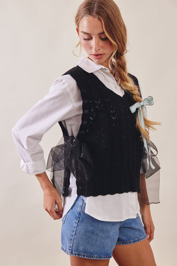 Listicle Pointelle Knit Ribbon-Tie Vest Top in Black