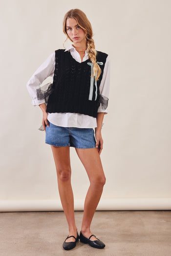 Listicle Pointelle Knit Ribbon-Tie Vest Top in Black